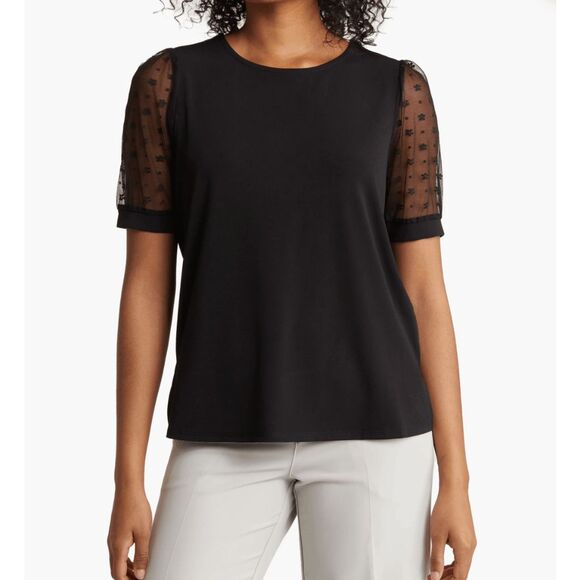 Adrianna Papell NWT Daisy Mesh Short Sleeve Cocoa Blouse, Sz Medium, MP $69 - Picture 2 of 11